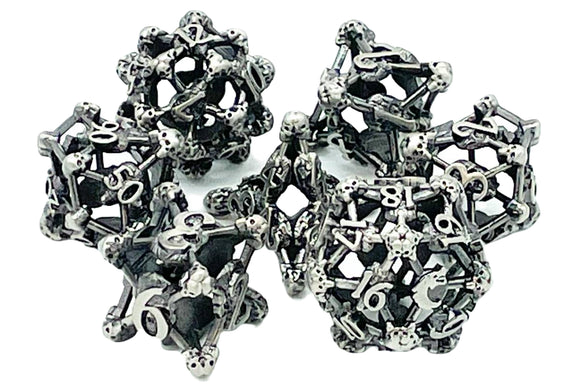 Old School 7 Piece DnD RPG Metal Dice Set: Hollow Skull Dice - Ancient Silver