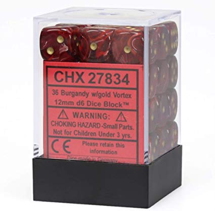 Chessex Dice - Vortex: 12mm D6 Burgundy/Gold (36)
