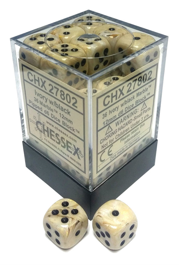 Chessex Dice - Marble 12mm D6 Ivory/Black (36)
