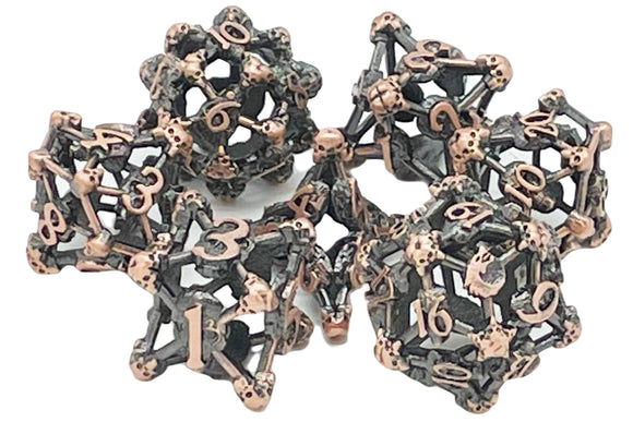 Old School 7 Piece DnD RPG Metal Dice Set: Hollow Skull Dice - Ancient Bronze