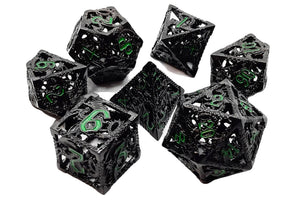 Old School 7 Piece DnD RPG Metal Dice Set: Hollow Dragon Dice - Black w/ Green