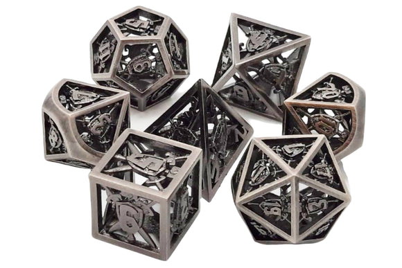 Old School 7 Piece DnD RPG Metal Dice Set: Hollow Sword & Shield Dice - Brushed Silver