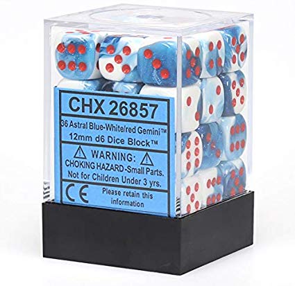 Chessex Dice - Gemini 7: 12mm D6 Astral Blue/White/Red (36)