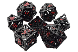 Old School 7 Piece DnD RPG Metal Dice Set: Hollow Dragon Dice - Black w/ Red