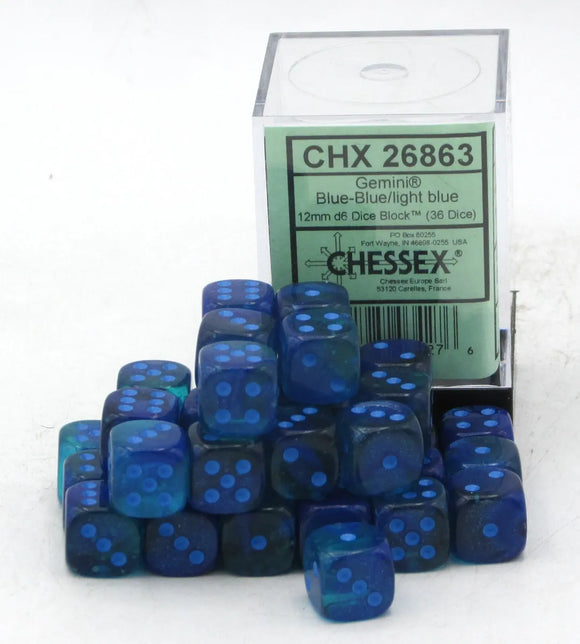 Gemini: 12mm d6 Blue-Blue/light blue Luminary Dice Block (36 dice) 26863
