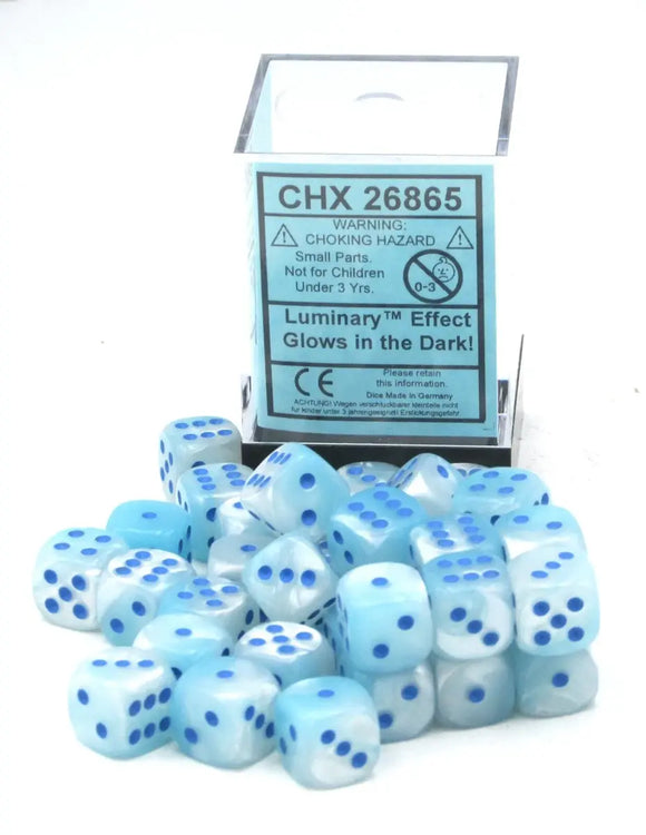 Gemini: 12mm d6 Pearl Turquoise-White/blue Luminary Dice Block (36 dice) 26865