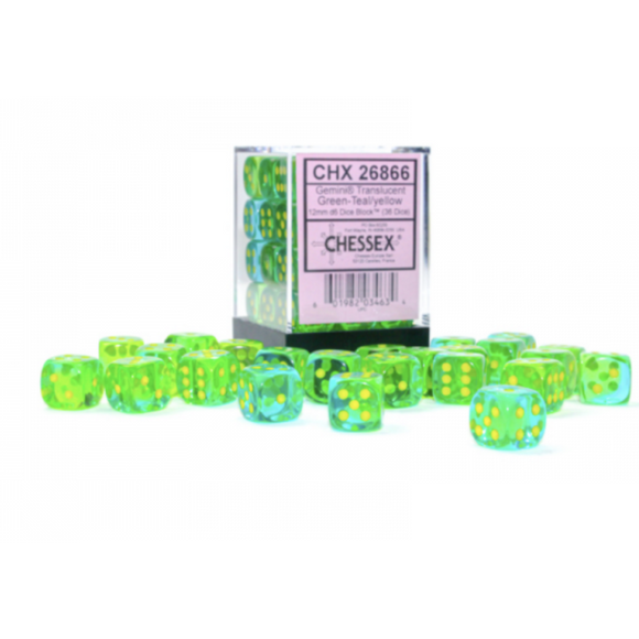 Gemini: 12mm d6 Translucent Green-Teal/yellow Dice Block (36 dice) 26866