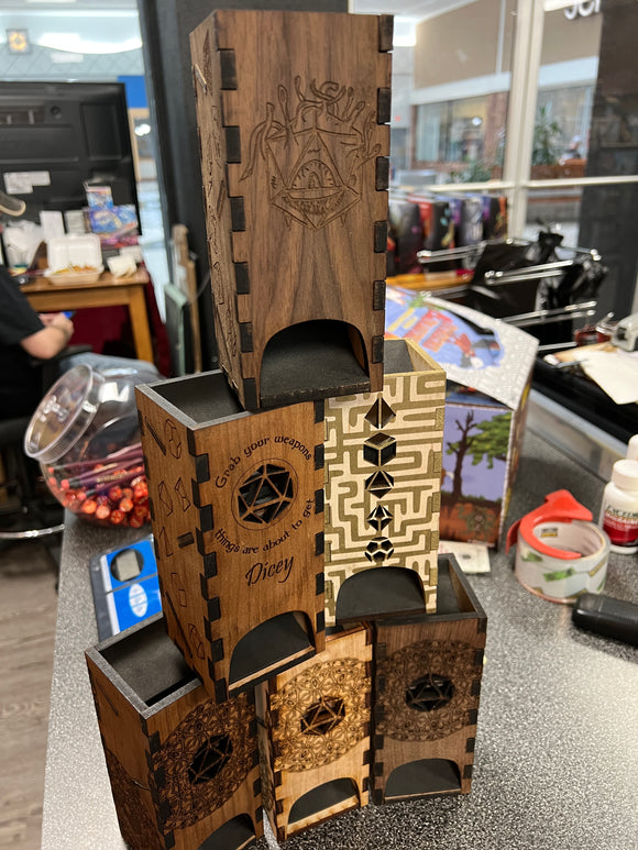 Wooden Dice Tower (Various Laser Etched Designs)