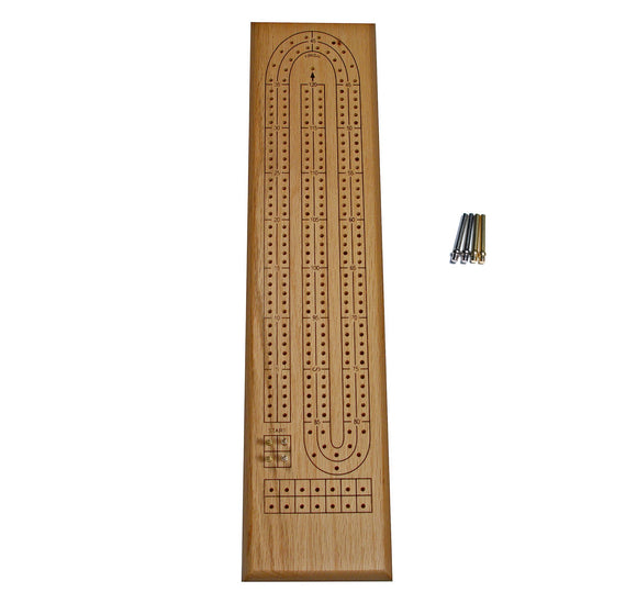 WE Games- Classic Cribbage Set – Solid Oak Wood Continuous 2 Track Board with Metal Pegs