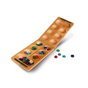 WE Games Folding Mancala – Solid Wood Board & Glass Stones