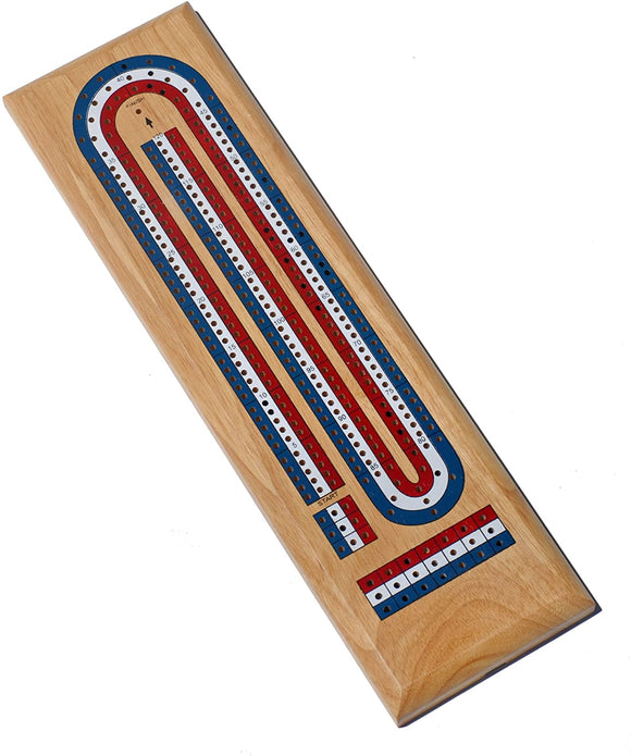 WE Games Classic Cribbage Set - Solid Wood Tricolor (Red, White, Blue) Continuous 3 Track Board with Metal Pegs