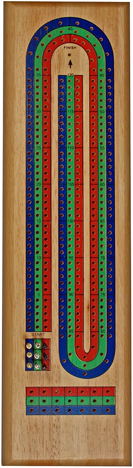 WE Games 3 Track Continuous Tricolor Wood Cribbage Set with Metal Pegs - Blue, Green, Red