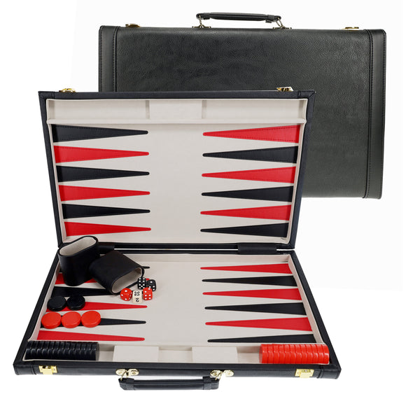 Tournament Backgammon Set – Black Leatherette, Travel Attache – 21 in.